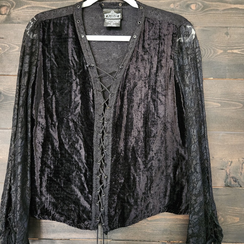 Angie Gothic Velvet Lace Up Corset Top Black Long Sleeve Victorian Renaissance M - Picture 10 of 12